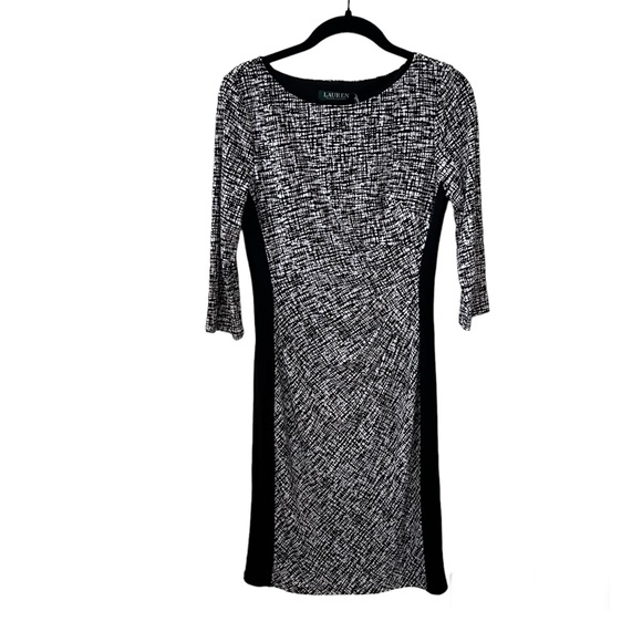 Lauren Ralph Lauren Black White Printed 3/4 Sleeve Ruched dress Size 4 - Picture 1 of 6